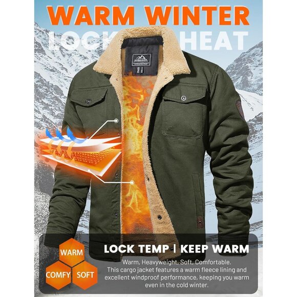 Mens Green AI Winter Sherpa Lined Jacket Warm Trucker Coat Multi Pocket - Picture 2 of 7